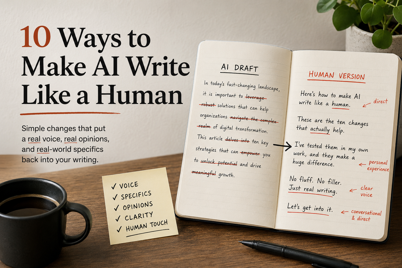 A notebook compares an AI-generated draft against a sharply edited human rewrite, illustrating how voice, specificity, and clear opinions transform flat machine prose into writing that feels personal and alive.