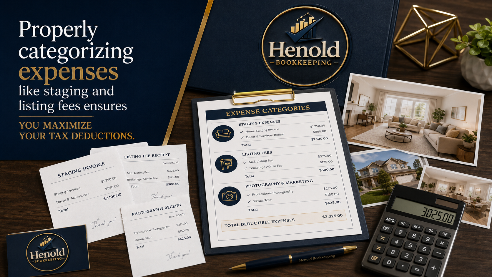 Properly categorizing expenses like staging and listing fees ensures you maximize your tax deductions. A professional desk with real estate forms, contracts, and an organized filing system.