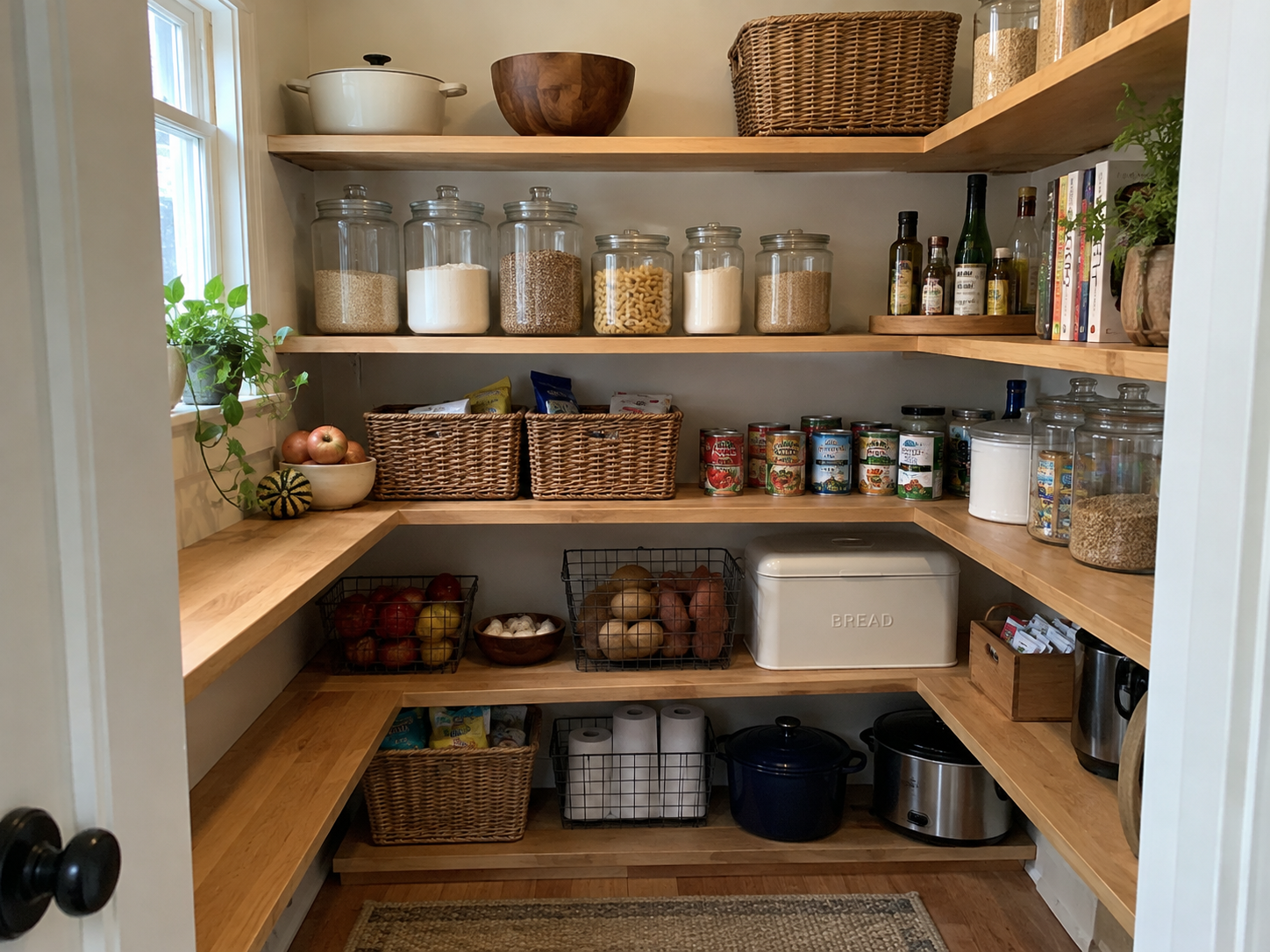 Custom shelving offers tailored storage solutions that fit the unique architecture of your home. A craftsman's hands installing white oak shelving in a living room with natural light and visible wood grain.