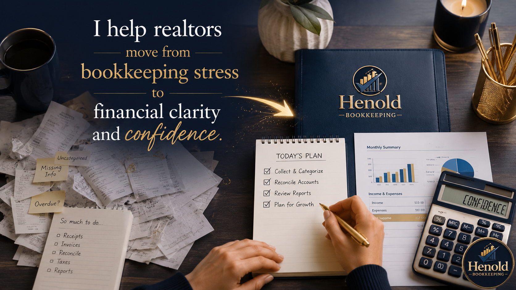 I help realtors move from bookkeeping stress to financial clarity and confidence. A small business owner looking relieved while reviewing organized financial documents at a sunlit desk.
