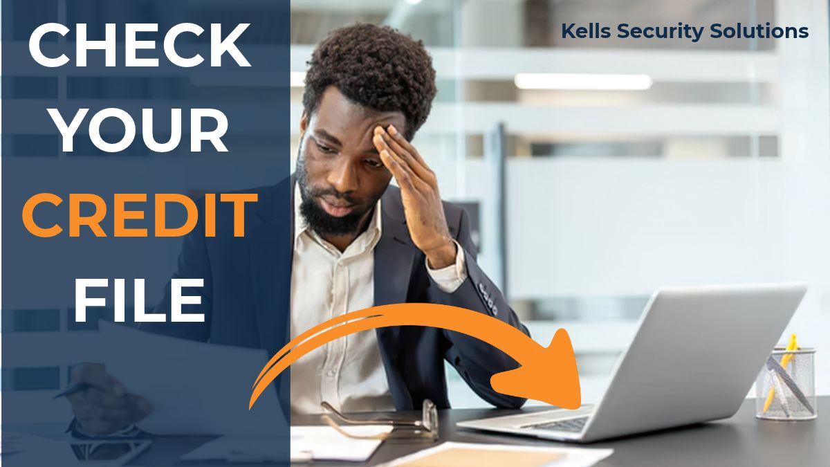 Stressed man at a laptop with the words check your credit file after giving a scammer your bank details
