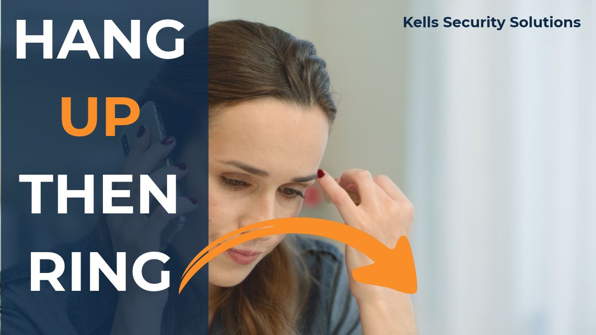 Worried woman on a phone call with the words hang up then ring your bank after giving a scammer your bank details
