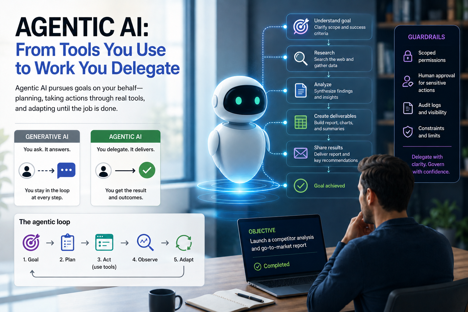 An abstract visualization of agentic AI: systems evolving from passive tools into goal-driven collaborators that can plan, act, adapt, and carry work forward with increasing autonomy.