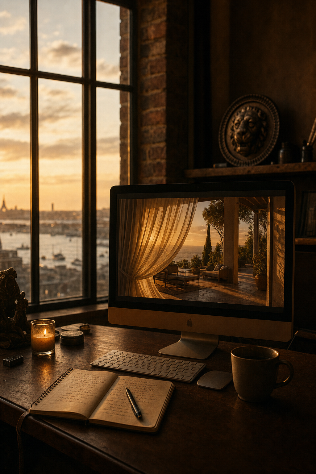 Cinematic films provide the emotional validation required for the final human booking decision. Vertical social media video frame featuring a luxury hotel terrace with sunset lighting and designer seating