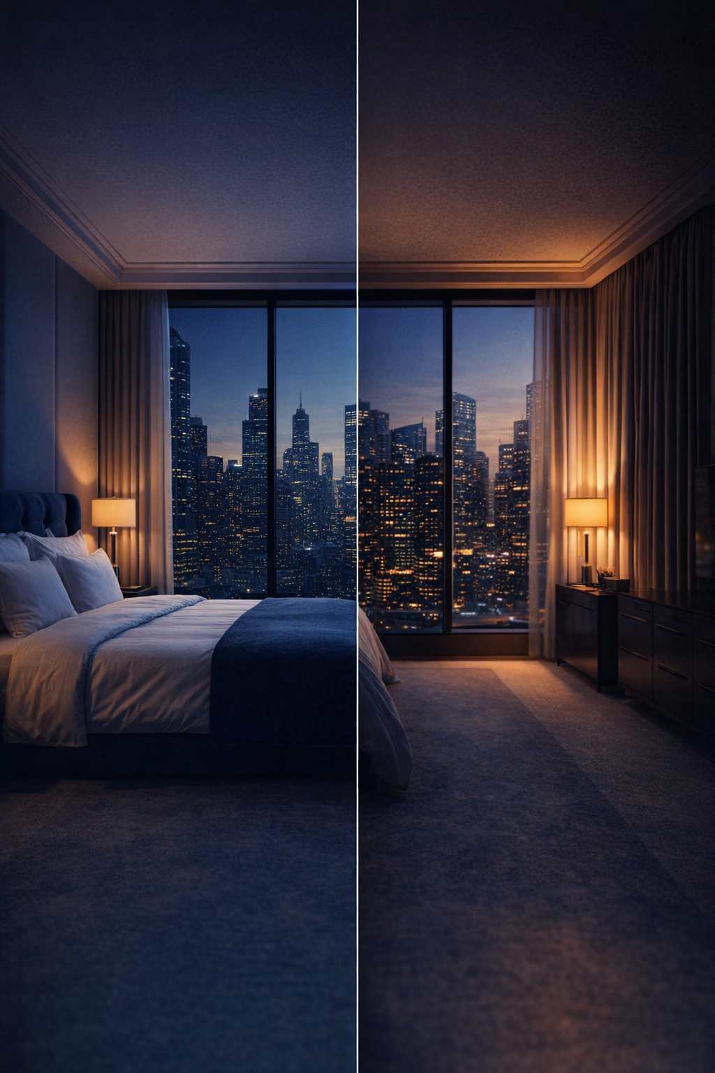 AI allows hotels to transform static high end photography into cinematic masterpieces. A high contrast, cinematic shot of a luxury hotel interior, showcasing the depth and texture used in AI film transformations.