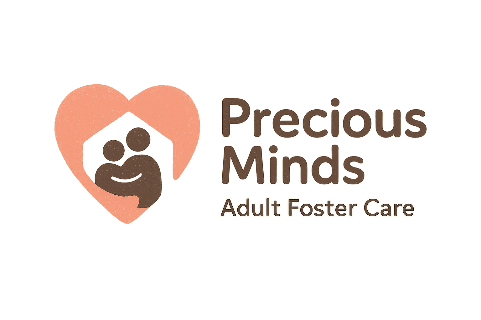 Warm logo for Precious Minds featuring a large coral heart with subtle roof hint and two simple embracing figures inside, paired with a friendly rounded wordmark.