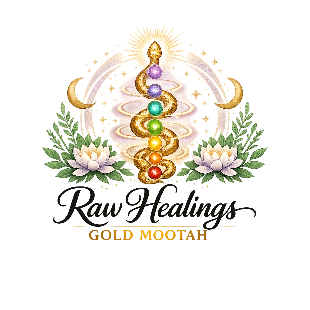 Raw Healings Gold Mootah logo featuring kundalini serpent chakra energy, celestial healing elements, and natural wellness botanicals on a gold background in sage green, lavender, and black.