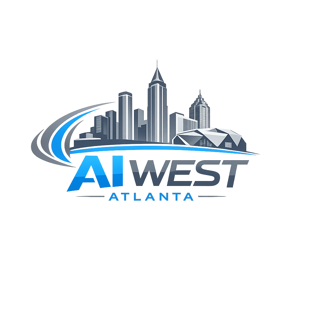 Abstract logo for AI West Atlanta with Atlanta skyline, sky blue and gray tones, and geometric typography