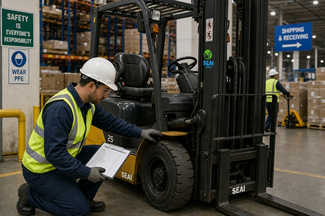 SEAI Global ensures your online training meets rigorous OSHA compliance standards. SEAI Global logo overlaid on a background of workplace safety compliance documents and training materials.
