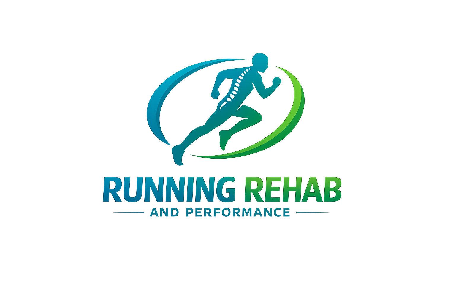 Logo for Running Rehab and Performance featuring a dynamic runner silhouette with teal and green tones