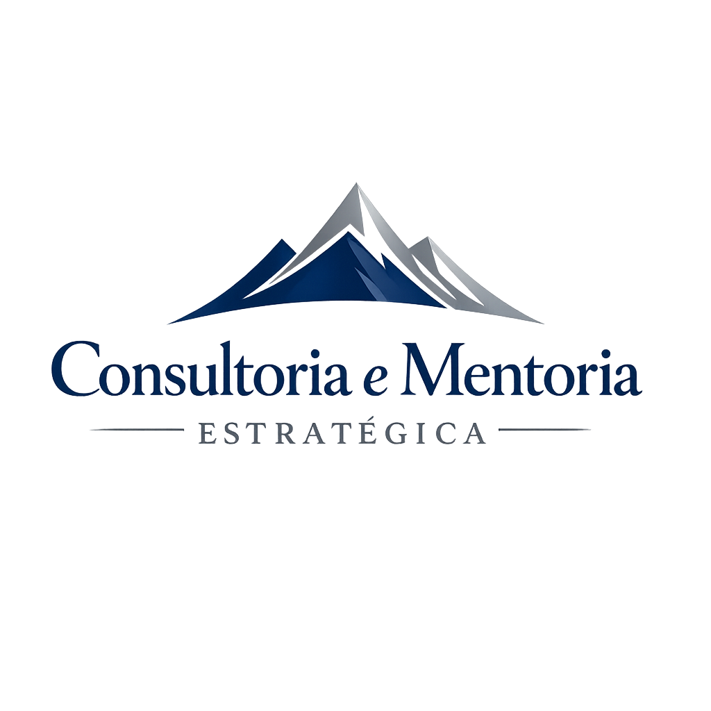 Logo for Consultoria e Mentoria Estratégica with mountain peak, navy and silver serif typography