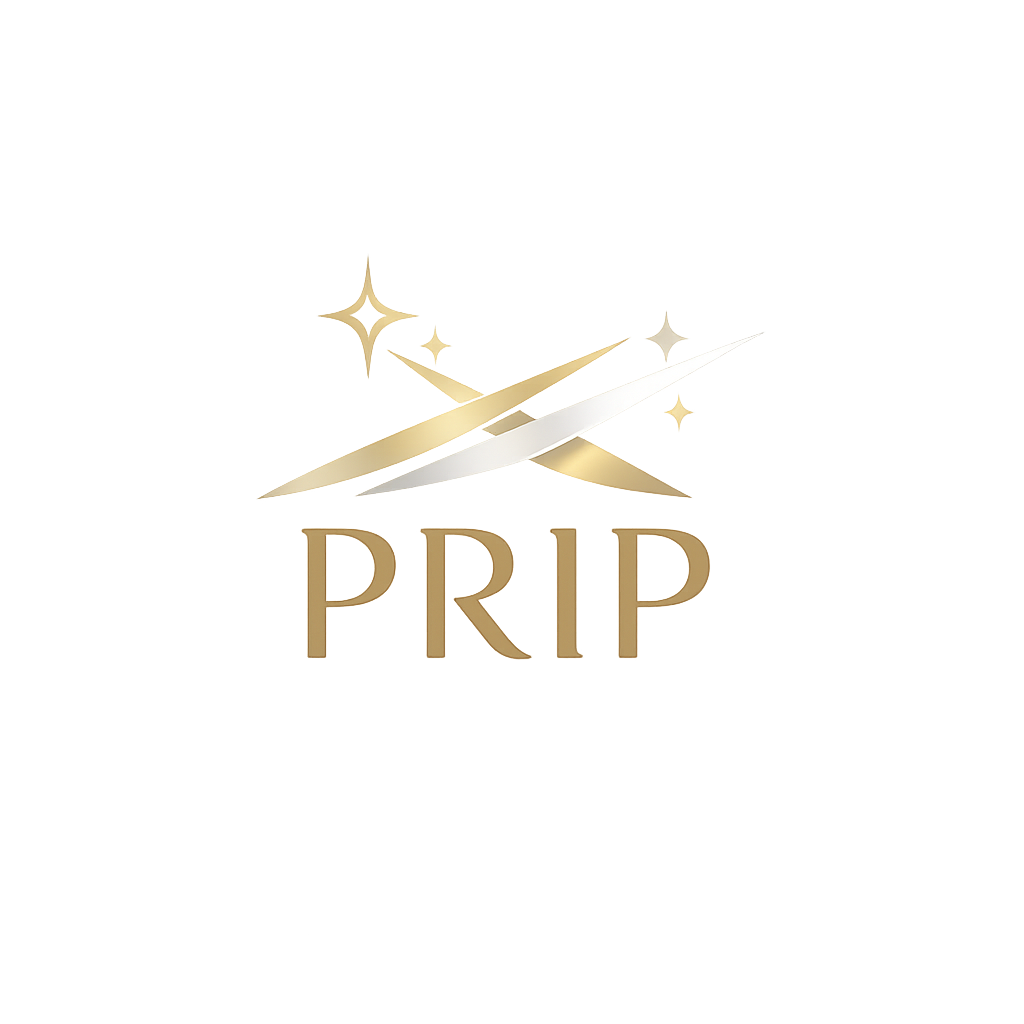 Minimalist logo for PRIP with abstract light beams in soft gold and white, symbolizing innovation and clarity in patent attorney services.