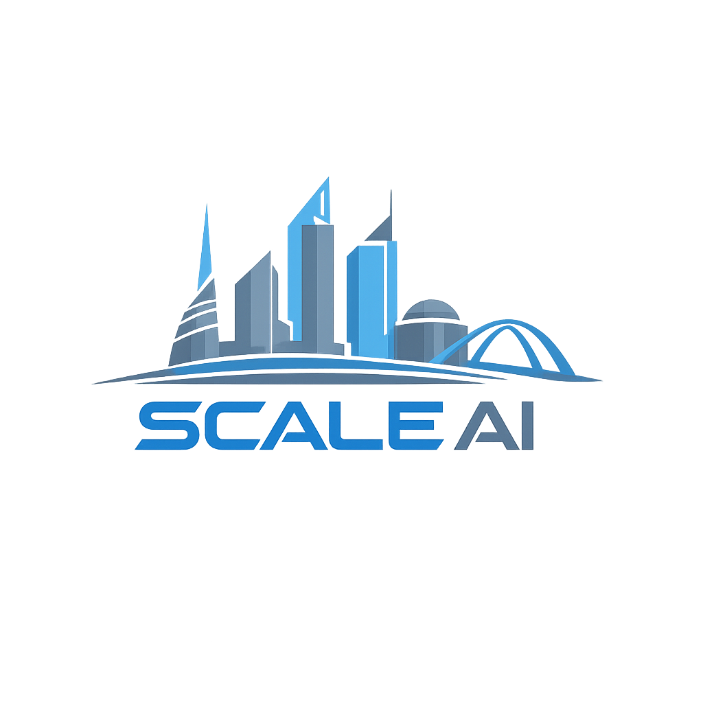 Abstract logo for Scale Ai with Perth skyline and sleek geometric typography in sky blue and gray tones.