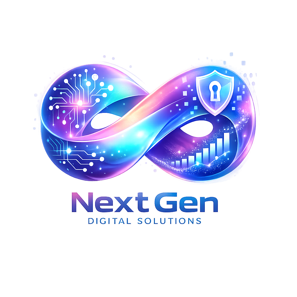 Fluid morphing shape logo for Next Gen Degital Solutions with holographic gradient and surreal effect, symbolizing AI-powered innovation.