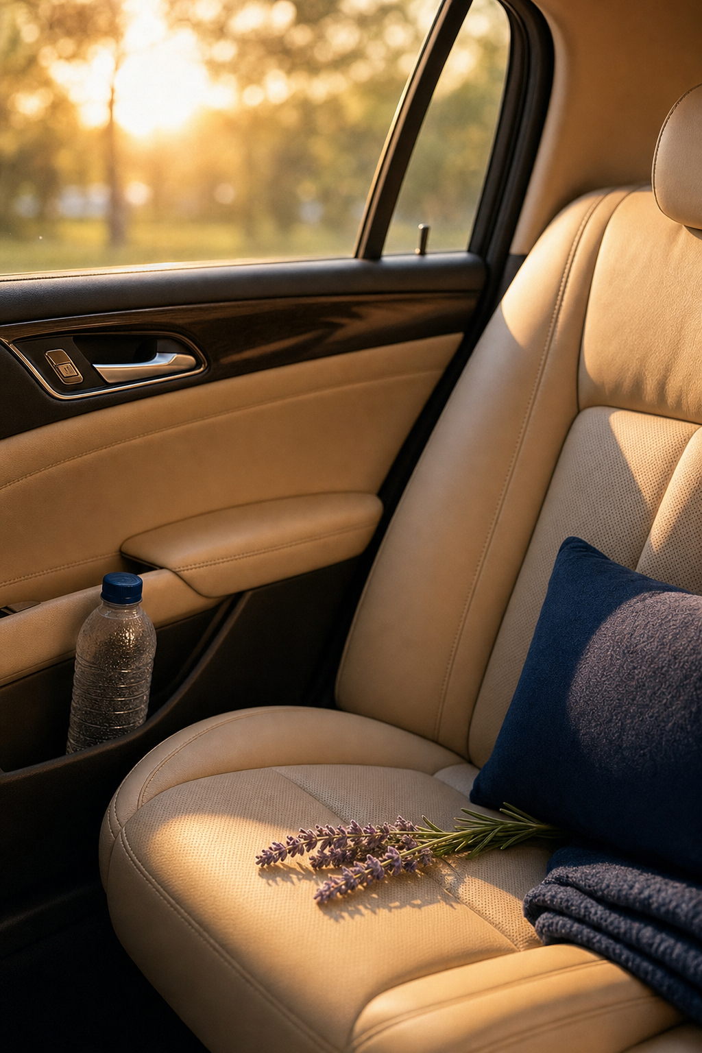 Experience the joy of getting out and about in Polk County without the stress of driving. An elderly couple smiling and looking happy while traveling together in a private car.