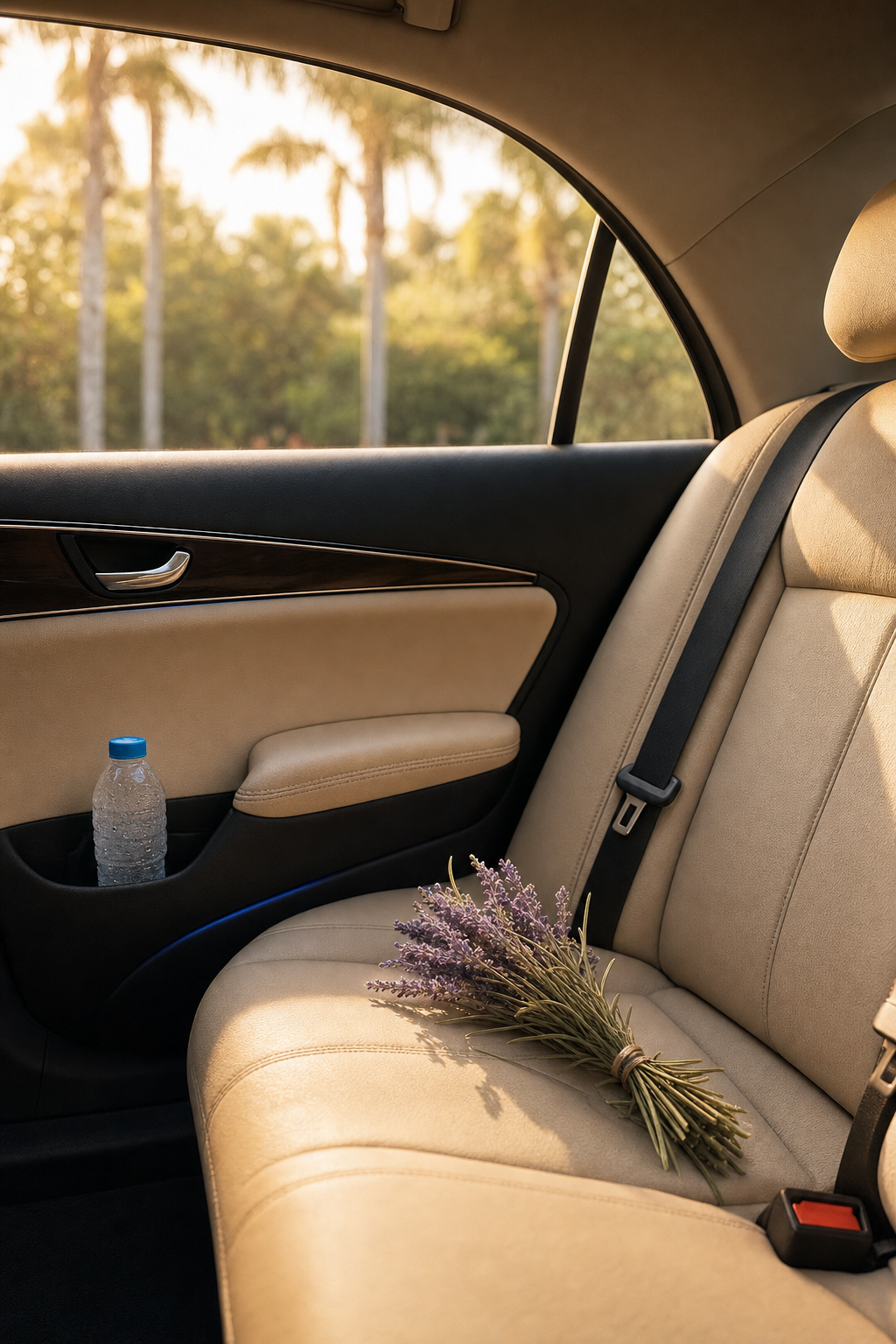 Safety and peace of mind are invaluable benefits of professional senior transportation. A senior woman smiling and looking out the window while a professional driver handles the Florida traffic.