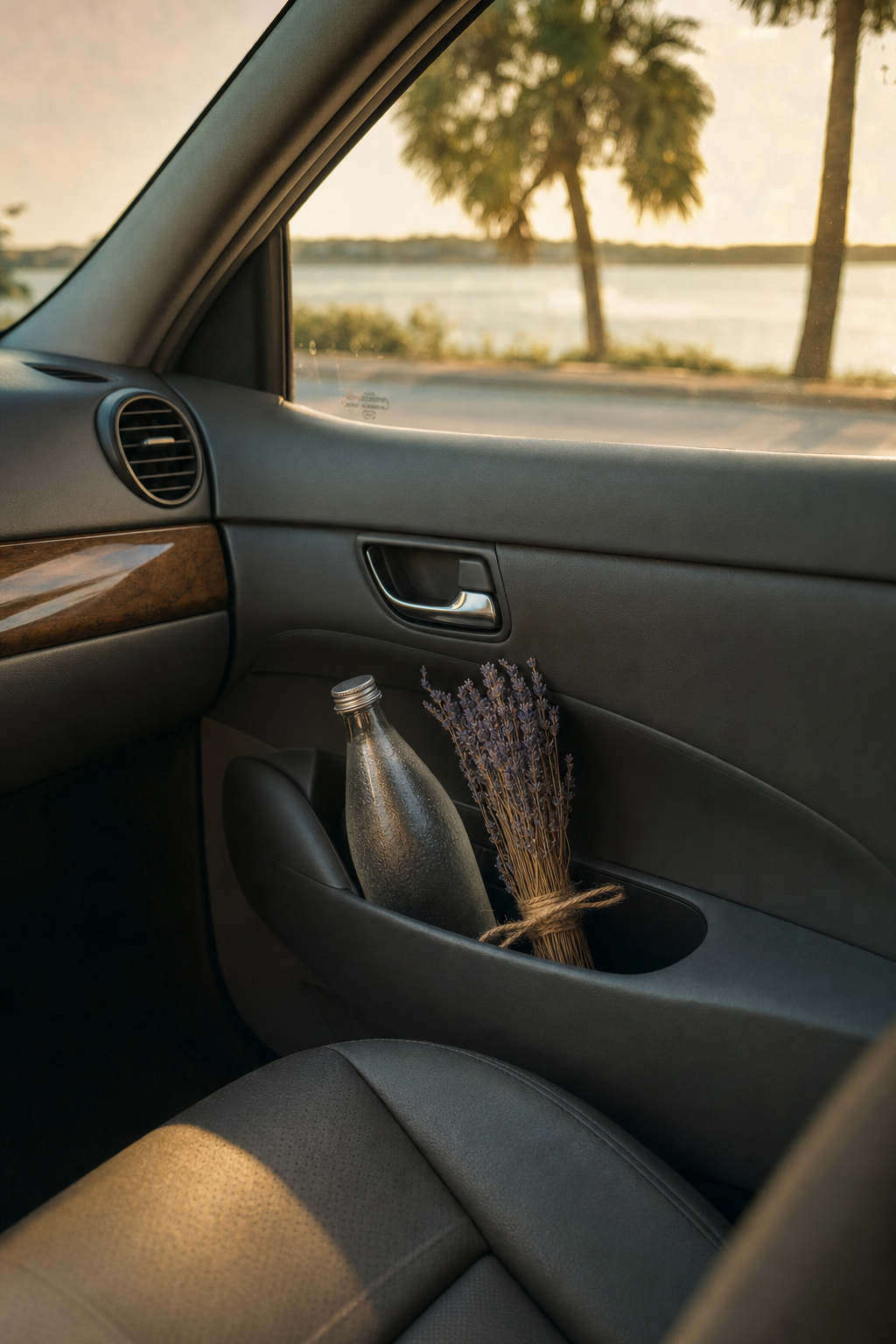 Specialized senior transport provides more than just a ride: it provides a comfortable, personalized experience. A smiling senior woman sitting comfortably in the back seat of a private car, looking out the window during a social outing.