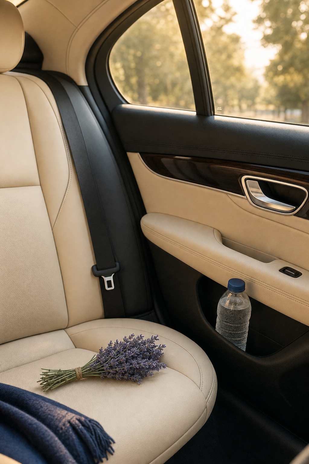 Relying on a professional service ensures you are always in a well-maintained, safe vehicle. The interior of a clean, modern private car service vehicle showing comfort and safety features.