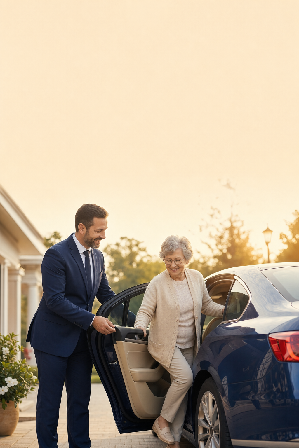 Maintain your travel lifestyle with stress free transit to Orlando and Tampa airports. A senior couple smiling while being driven to the airport for a family visit.