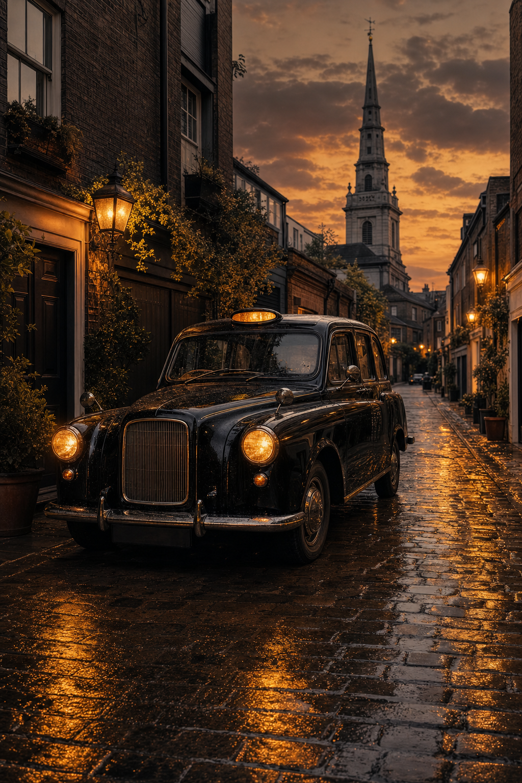 The compact design of a black cab makes it the perfect vehicle for exploring London's narrow mews. A traditional black cab driving through a narrow, picturesque London mews with brick houses.