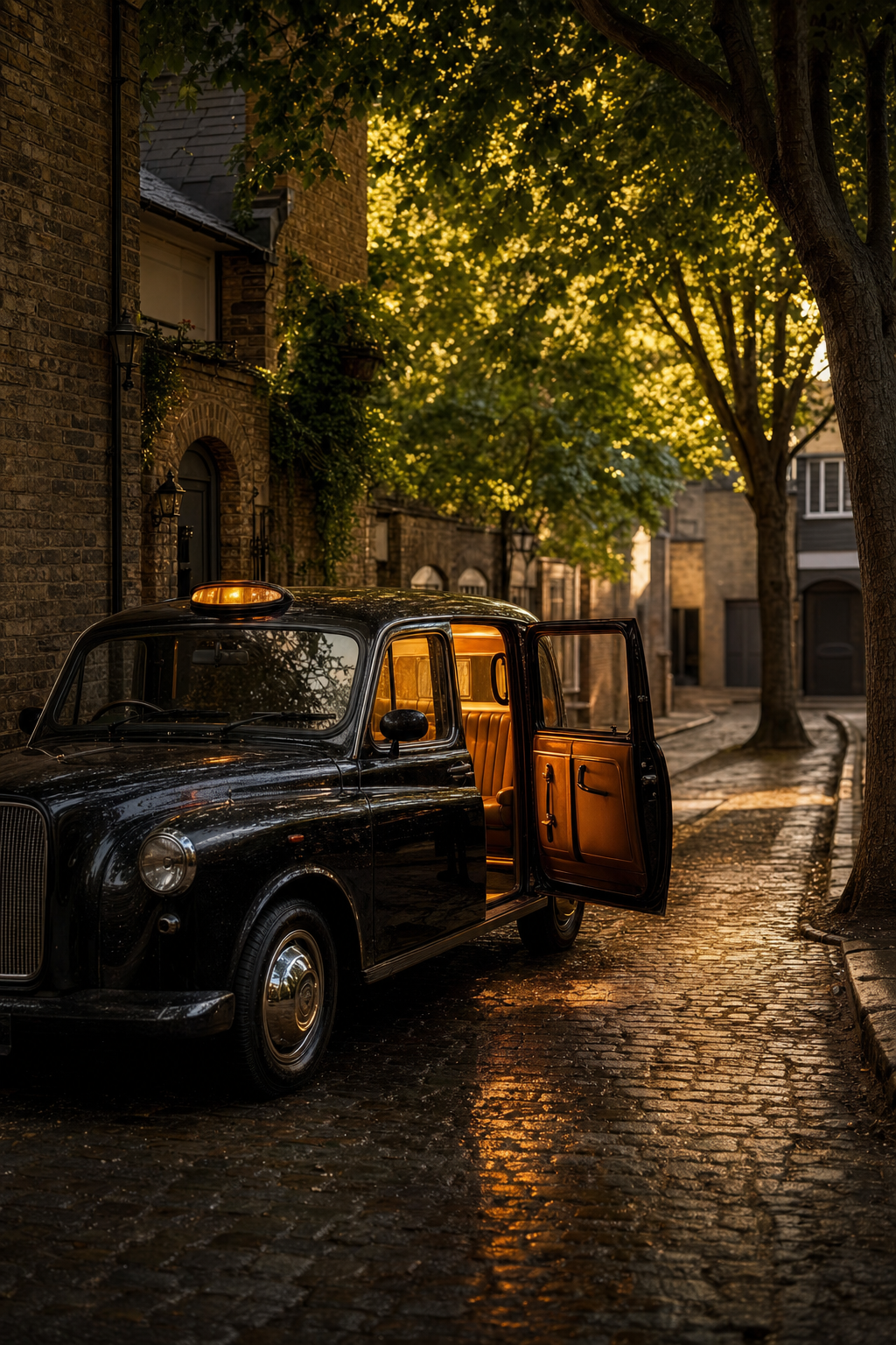 Stay dry and comfortable between tasting stops, no matter the British weather. A view from inside a black cab looking out at a rainy London street