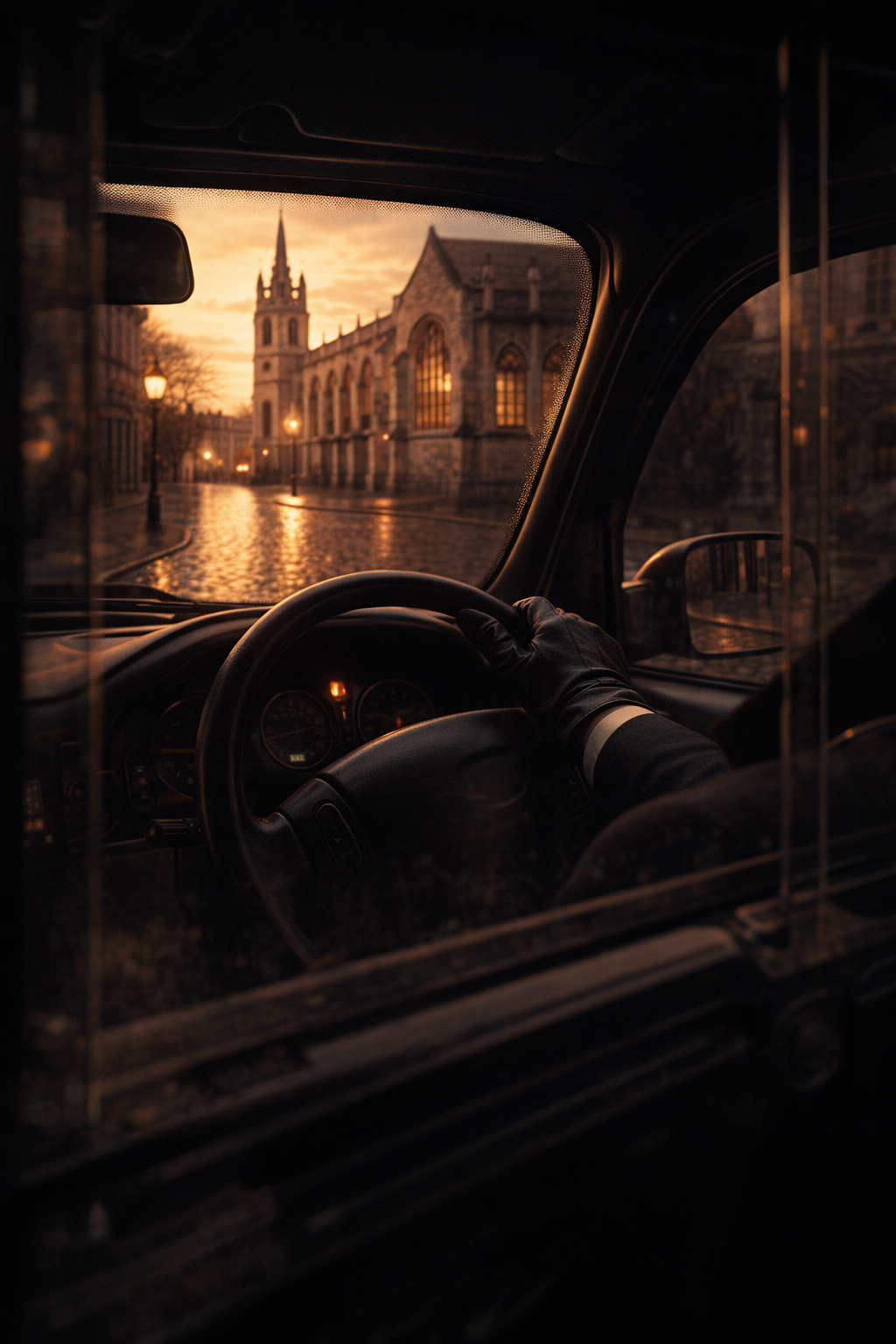 Explore the atmospheric locations of modern spy thrillers like Slow Horses. A black cab driving through a modern architectural district in London during the evening.
