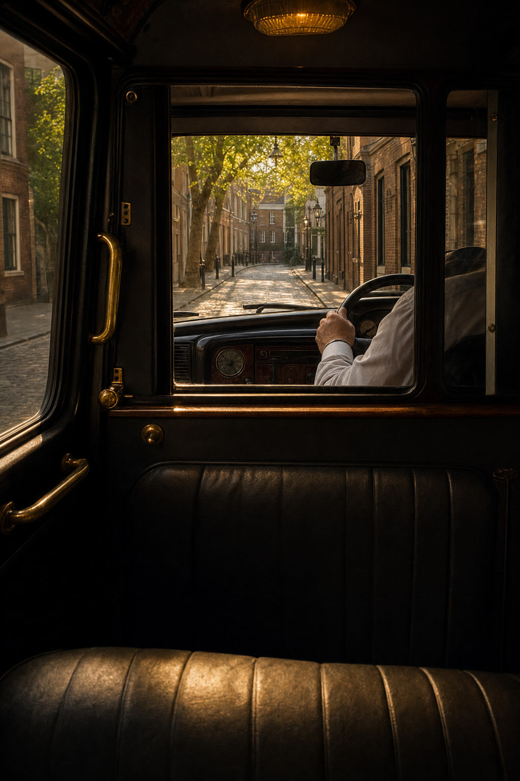 Navigating London during the 'shoulder hours' ensures a more relaxed pace. Close up of a London black cab's 'For Hire' orange light glowing during a quiet evening.