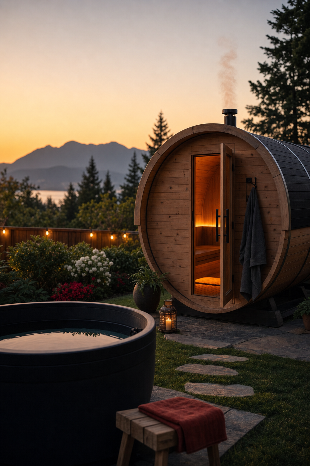 Strategic recovery in the sauna helps integrate the stress of the cold plunge. Interior of a modern wood-fired sauna showing a peaceful and high-end environment.