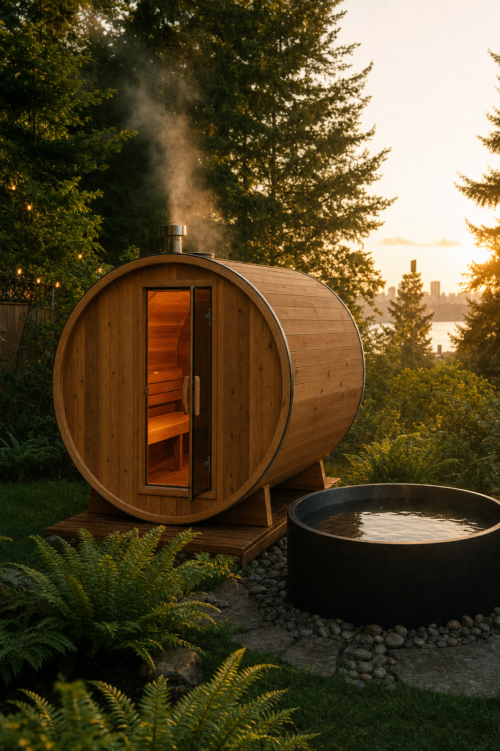 Consistent sauna use has been shown to improve nasal airflow in patients with allergic rhinitis. Interior of a modern wood-paneled sauna with steam rising, illustrating heat therapy for clearing nasal passages.