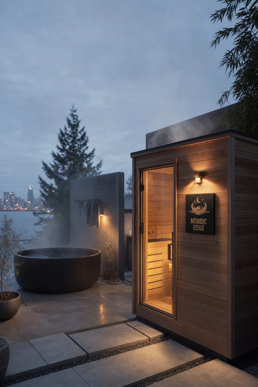 The transition from dry heat to cold immersion is the heart of the Viking cycle. A social media style portrait of a high-end sauna interior with steam rising from the stones.