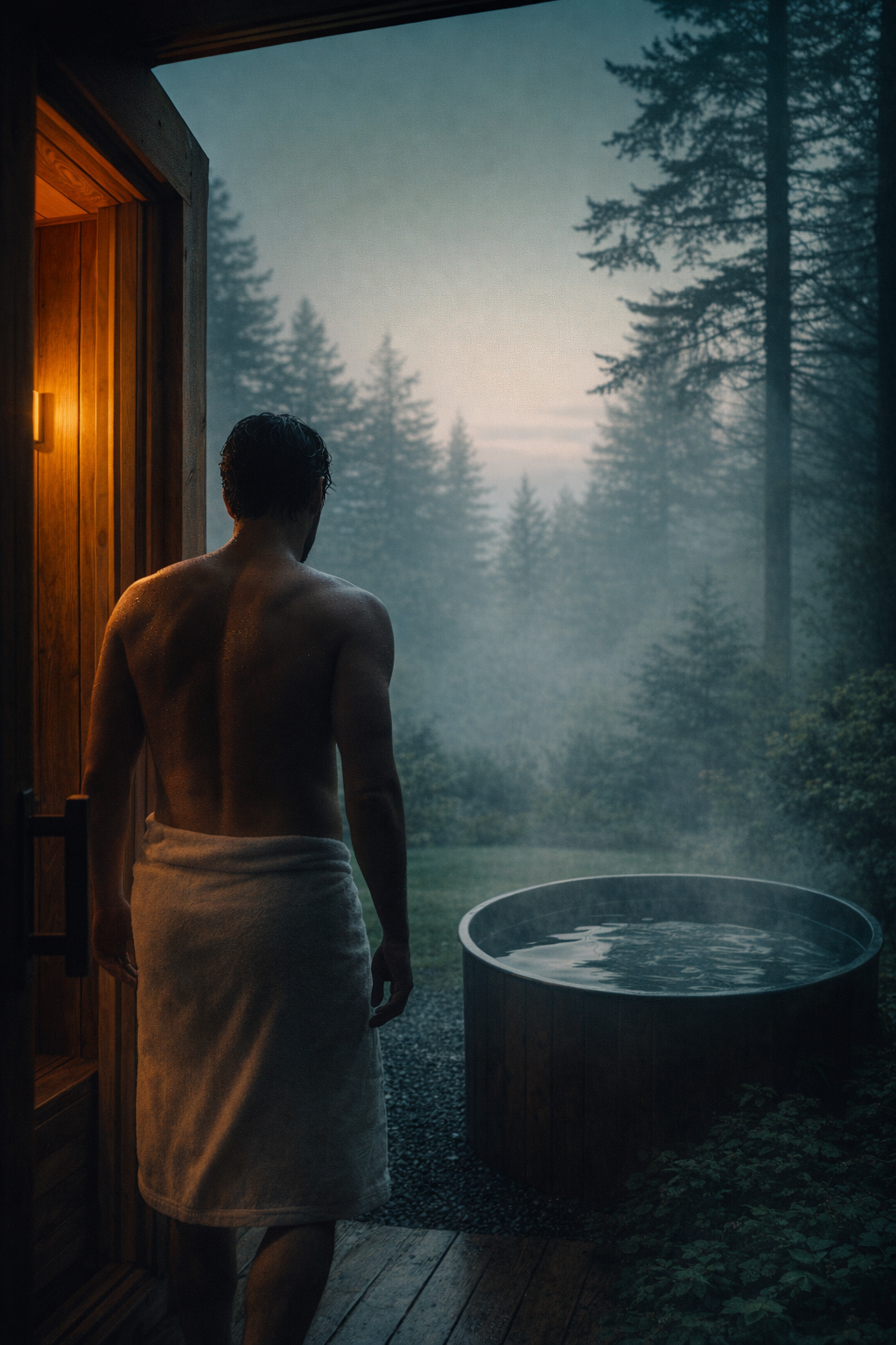 Nordic Edge brings the recovery experience directly to your Vancouver doorstep. A mobile sauna unit parked at a scenic Vancouver location during twilight.