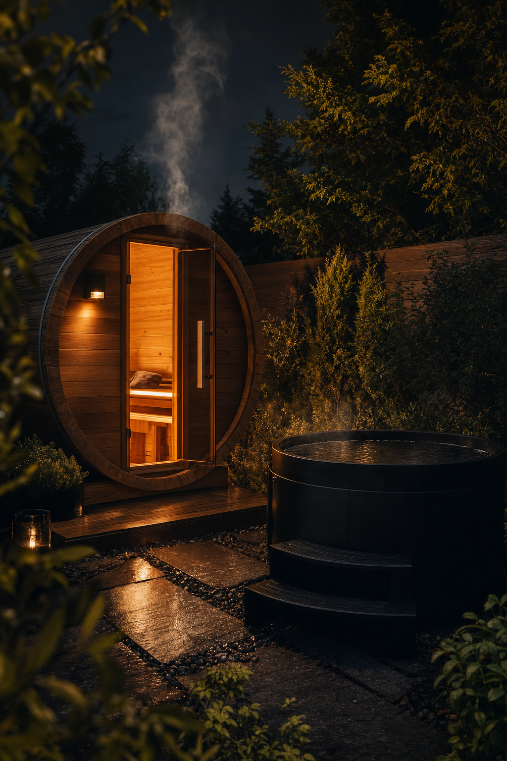 A morning cold plunge can provide the dopamine boost needed to beat the mid-day jet lag slump. A clean, modern cold plunge tub ready for use in a Vancouver backyard.