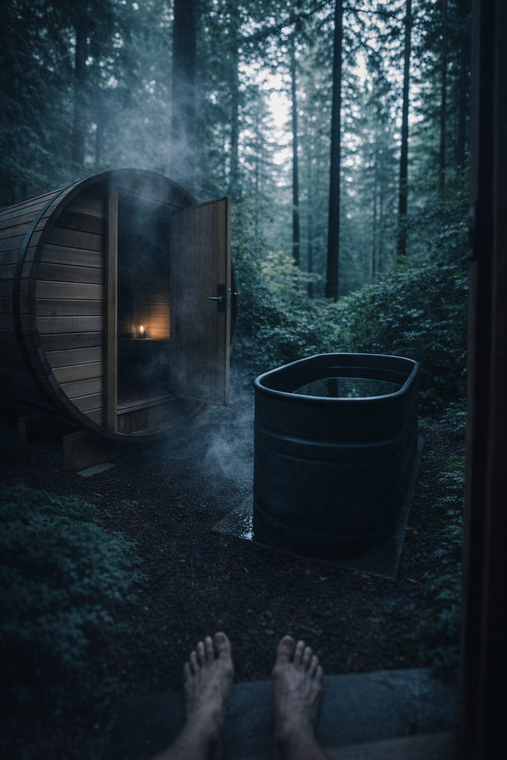 Alternating heat and cold trains your nervous system to shift gears more efficiently. Person transitioning between a hot sauna and cold plunge tub outdoors during a contrast therapy session
