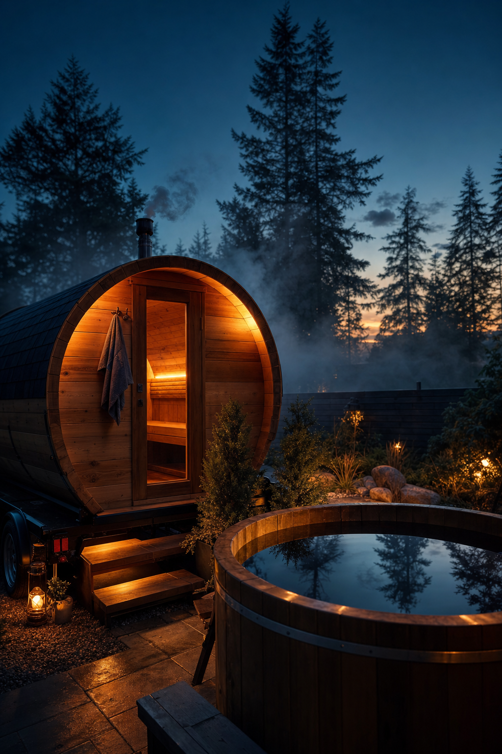 La location de sauna mobile apporte l'expérience de récupération directement chez vous ou lors de vos événements. Une remorque de sauna mobile stationnée près d'une forêt à Vancouver, offrant une expérience de bien-être privée.