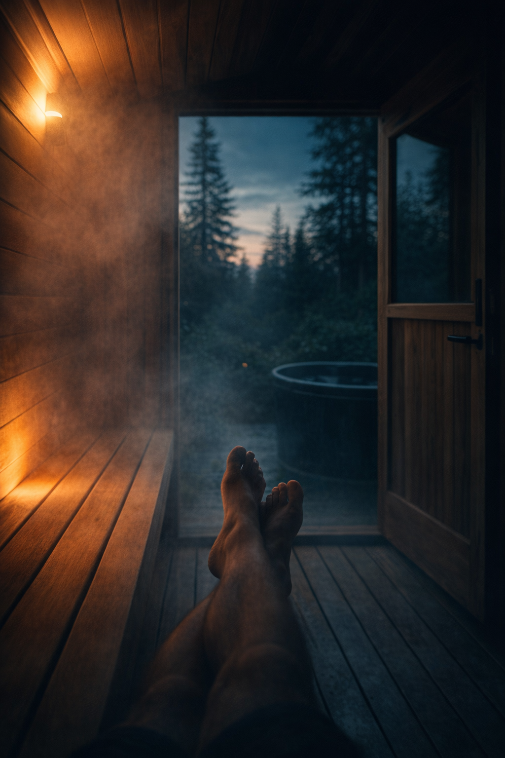 Precision in timing and temperature is the key to unlocking restorative sleep. A professional man relaxing in a sauna, focusing on deep breathing for stress relief.