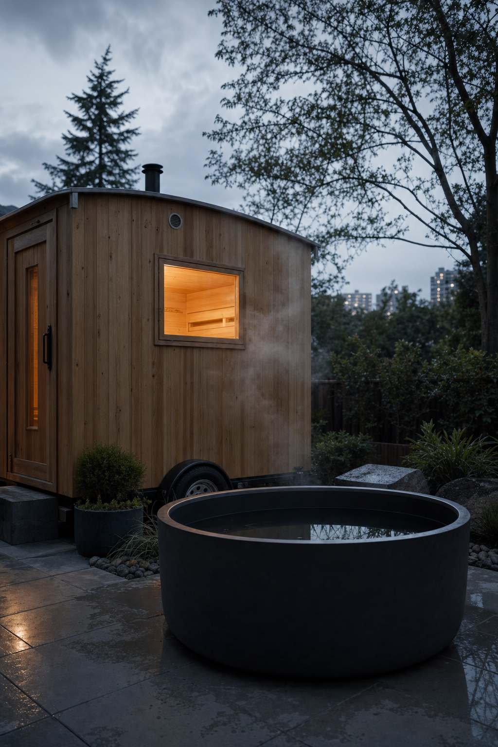 Mobile sauna and cold plunge services make high level cellular recovery accessible for busy professionals. Nordic Edge mobile sauna parked in a Vancouver residential driveway for a private recovery session.