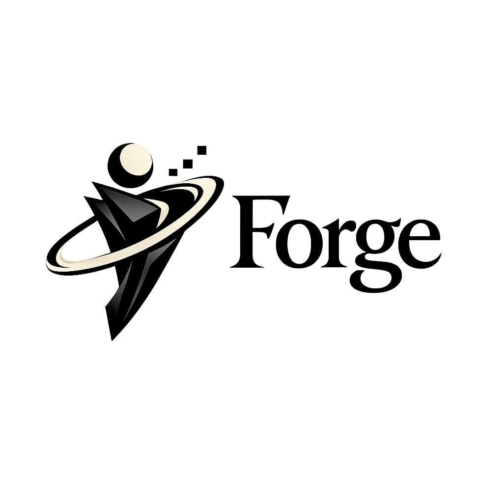 Abstract figure logo for Forge with black and cream palette, sophisticated and innovative, featuring artistic serif word mark and concept of autonomous AI.
