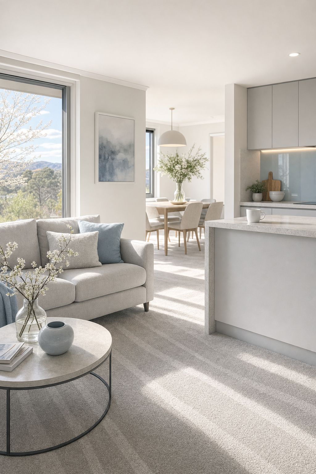 Proper ventilation and sunlight help carpets dry faster after a professional steam clean. A clean carpeted room with sunlight streaming in, illustrating the drying process.