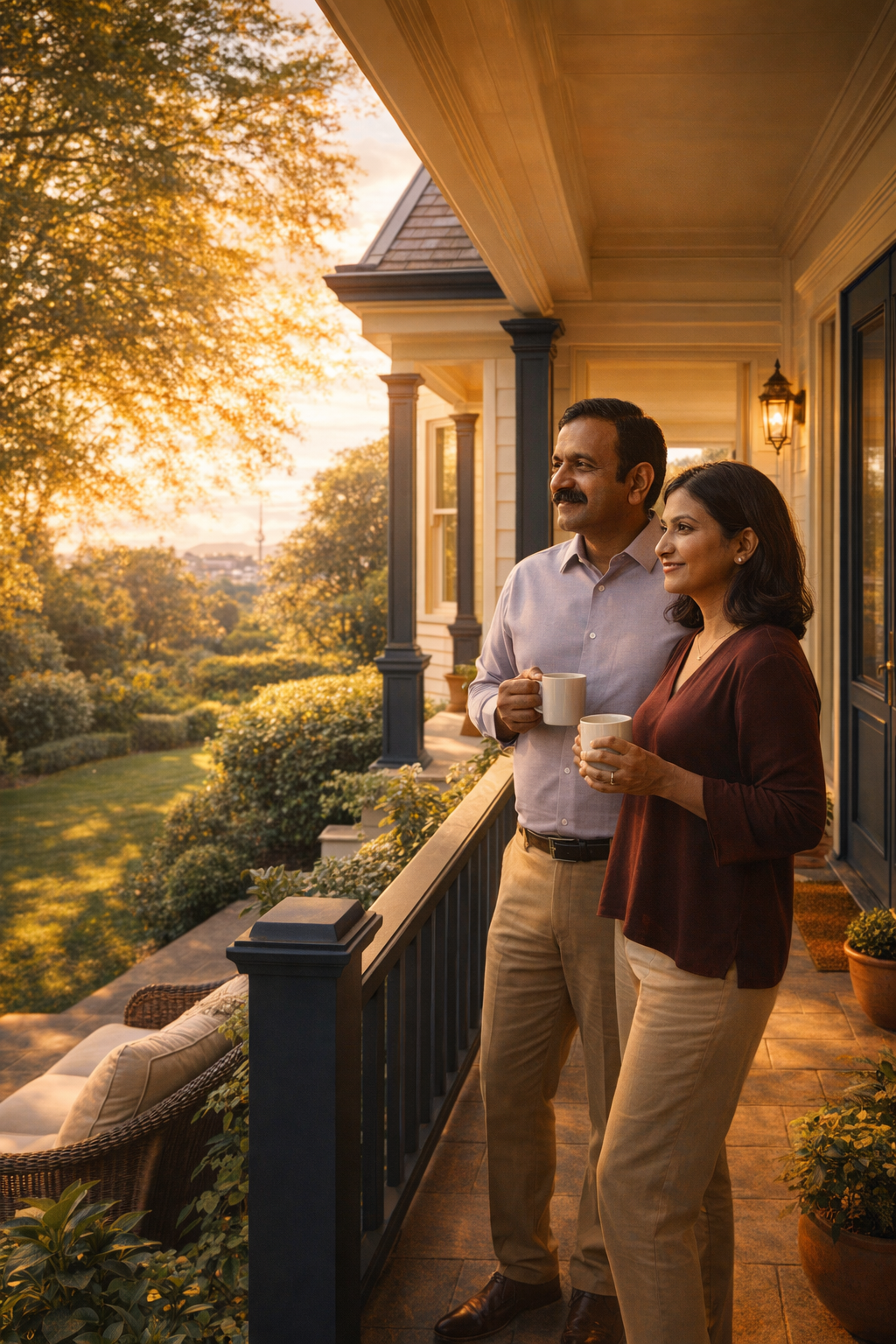 A couple enjoying a Sunday morning coffee on the porch of a beautiful Auckland home, surrounded by a lush garden in golden light.