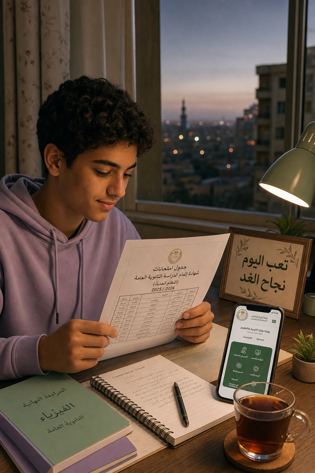 المراجعة الهادئة في ليلة الامتحان هي مفتاح التفوق والتركيز داخل اللجنة. طالب في الثانوية العامة يراجع دروسه بتركيز في ليلة الامتحان