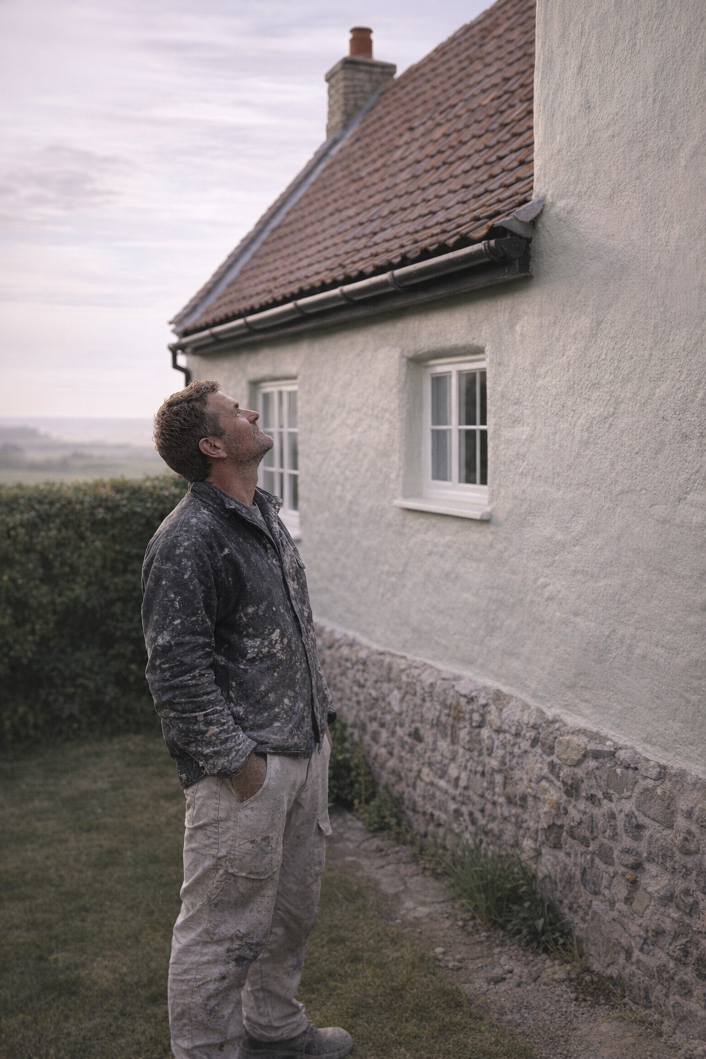 Choosing marine grade or high performance masonry paint is vital for homes near the North Sea. A professional painter applying high quality masonry paint to an exterior wall with a roller.