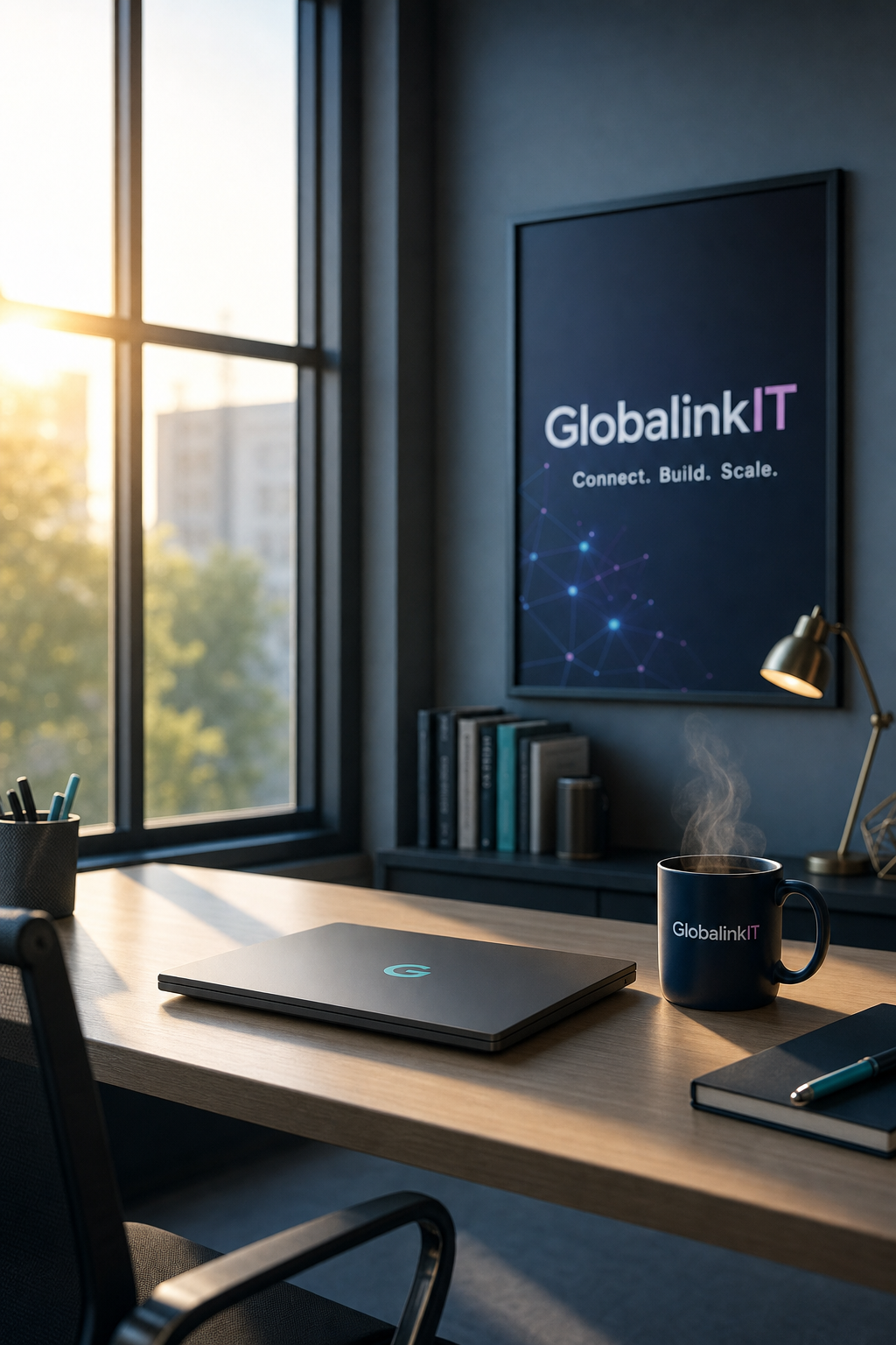 A unified digital approach combines website development, automation, and security. Mockup of professional digital services for a modern enterprise