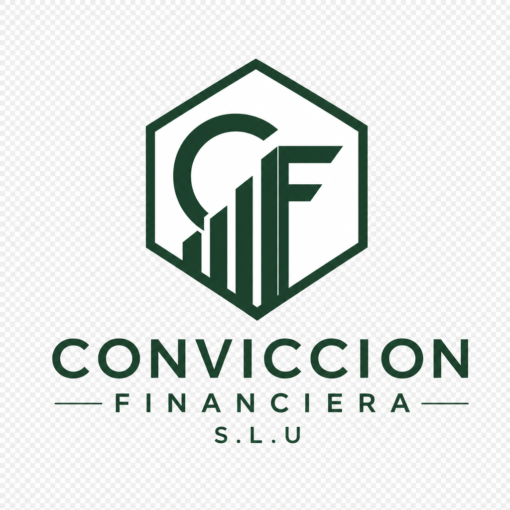 Logo design for CONVICCION FINANCIERA S.L.U with hexagon icon, forest green and white colors, geometric sans-serif font, transparent background.