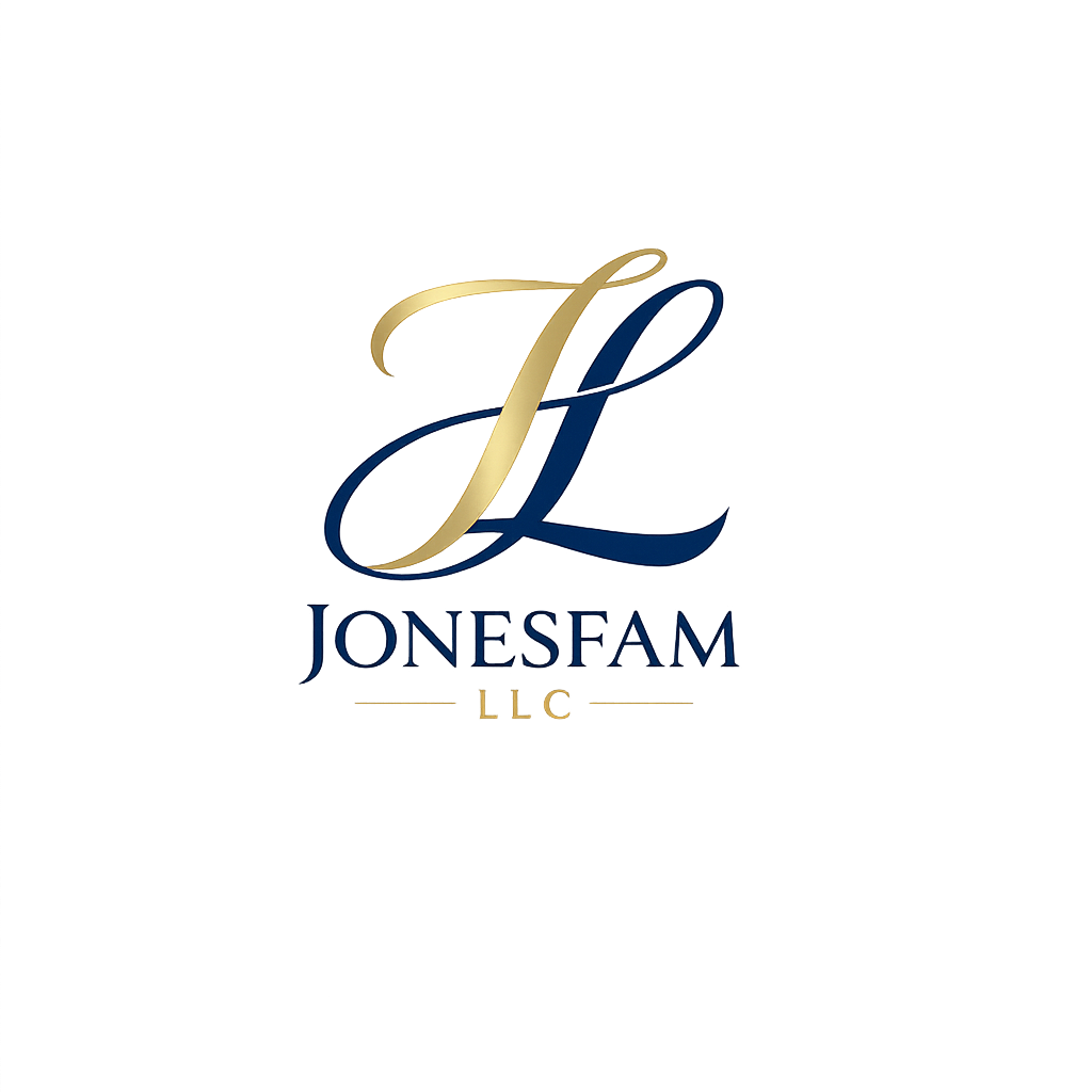 Minimal monogram logo for Jonesfam LLC with intertwined initials