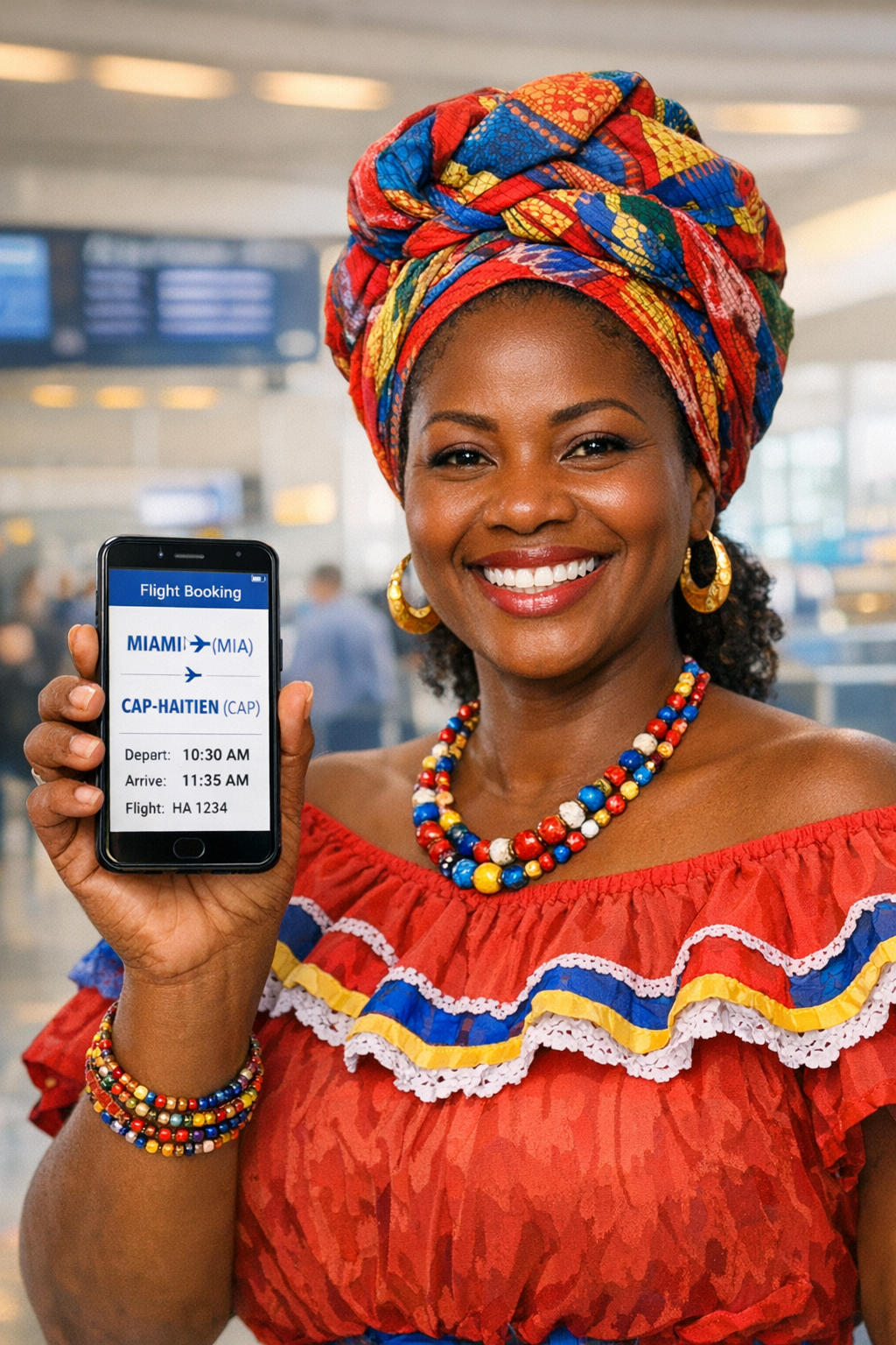 A traveler holding a phone showing a flight booking