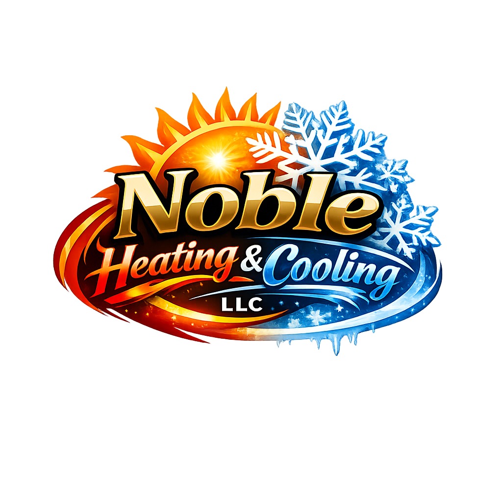 Logo for Noble Heating & Cooling with sun and snowflakes, highlighting heating in red and cooling in blue.