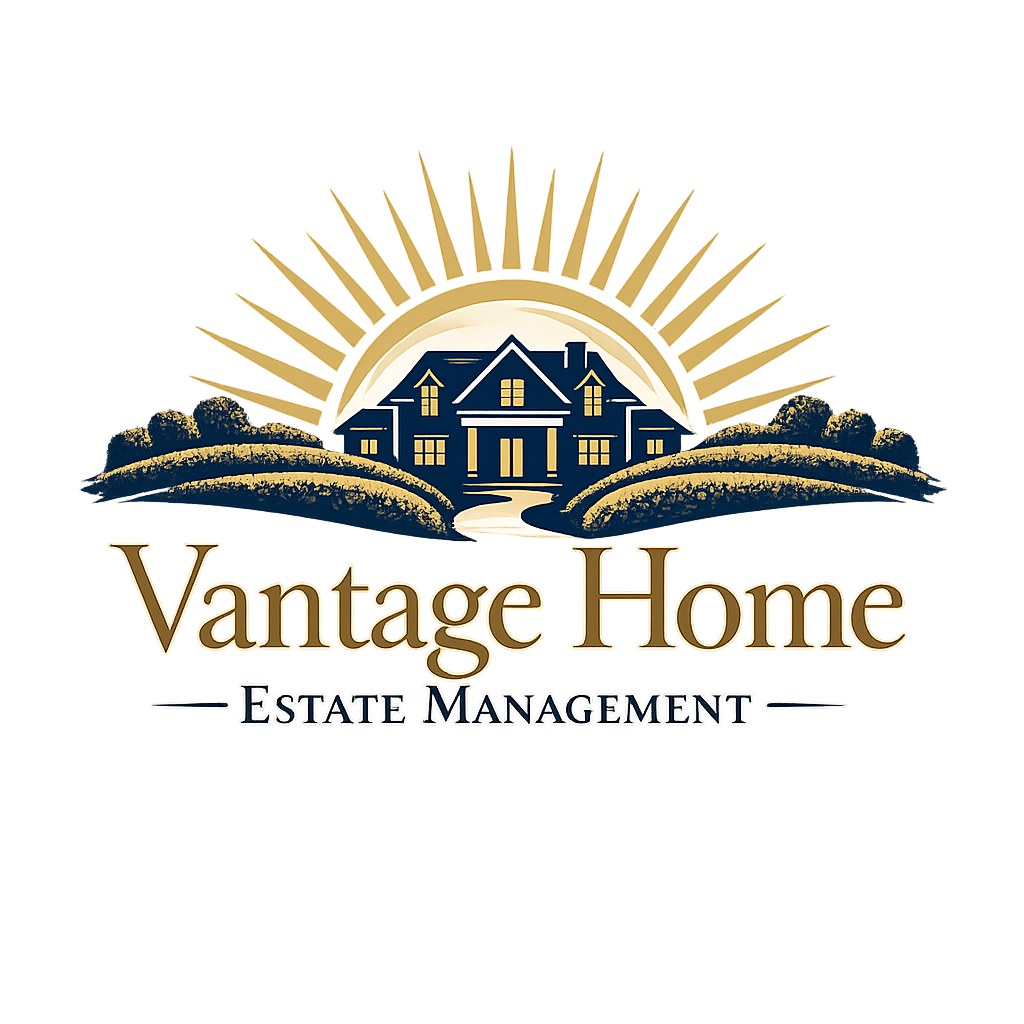 Logo for Vantage Home Estate Management with home silhouette and sunrise hedges