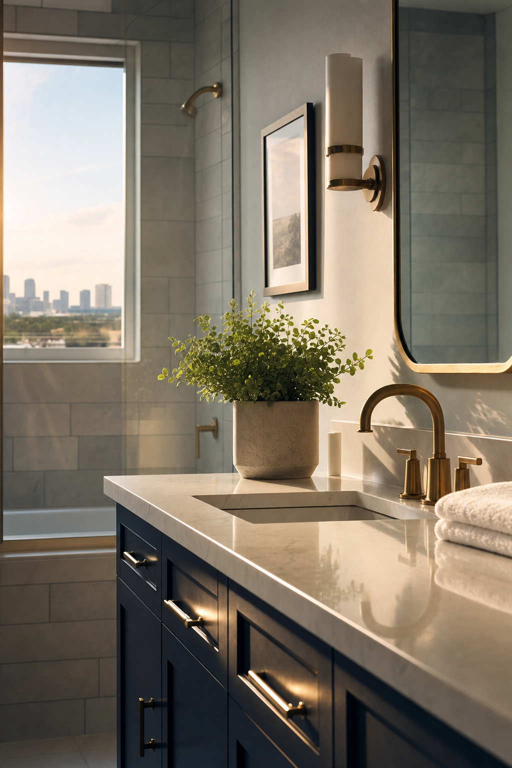 Clean lines and bright lighting are essential for making small hall bathrooms feel spacious. A vertical photo showing a modern bathroom design with clean lines and updated lighting.