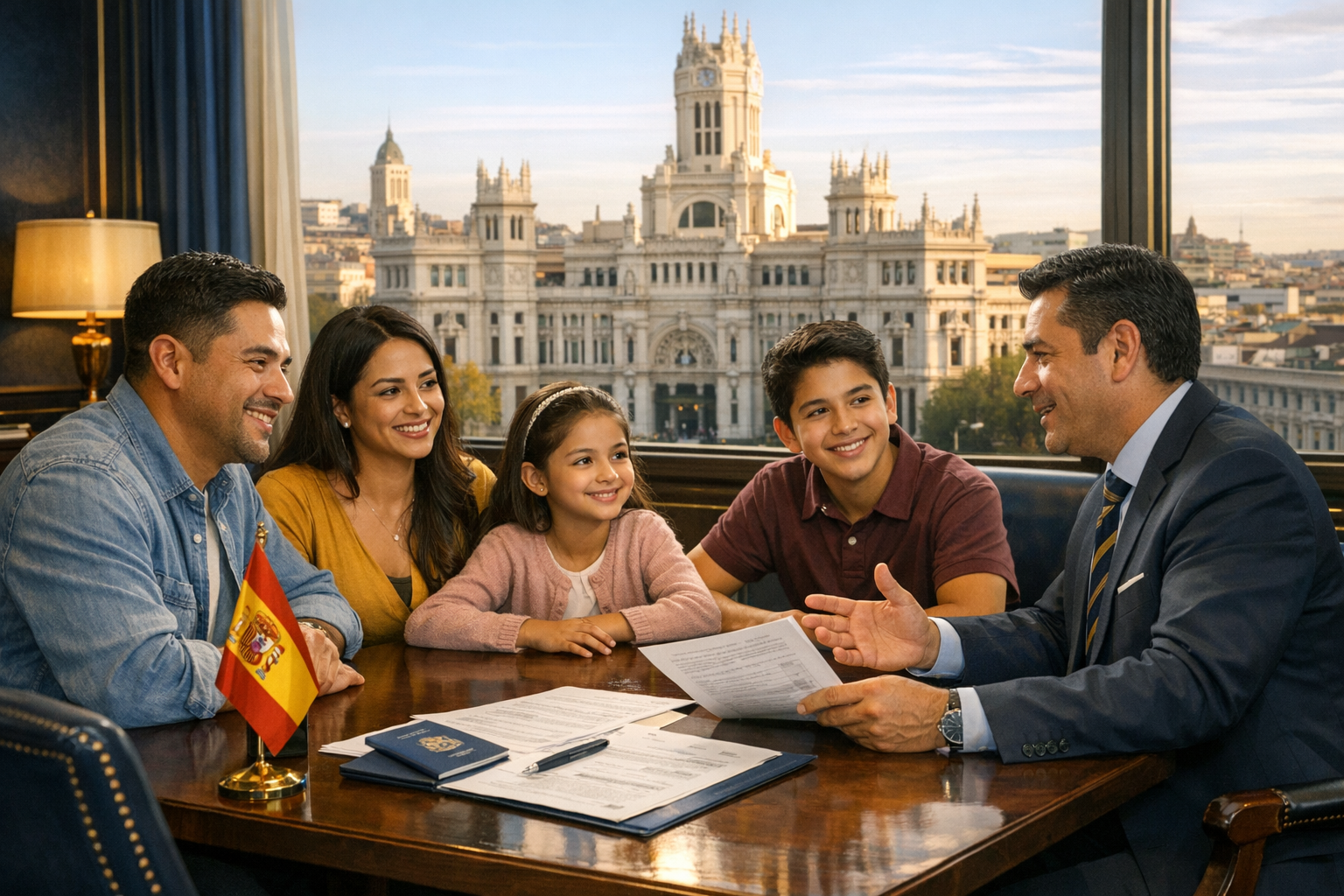 Familia reunida con gestor administrativo revisando documentación