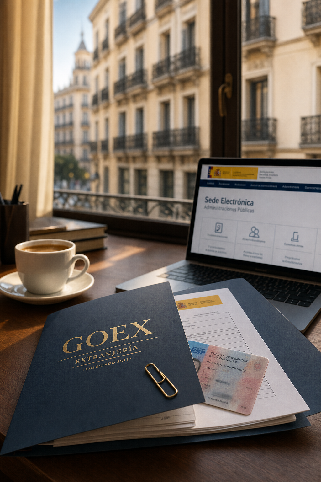 GOEX Extranjería operates as a registered Gestoría Colegiada (nº 3211) in Madrid. Official logo and credentials of GOEX Extranjería by Gestoria RP showing Madrid registration details.